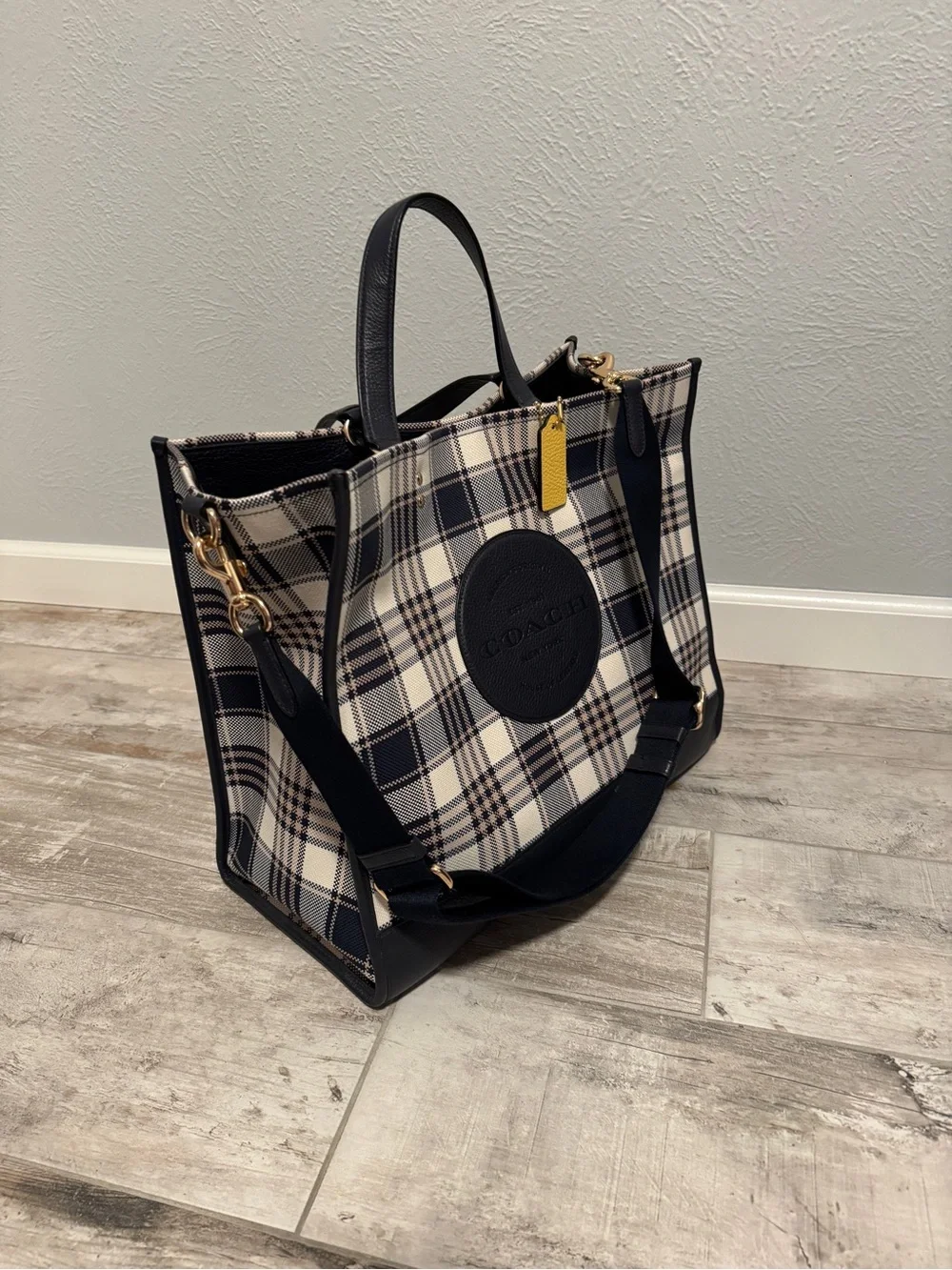 Coach Dempsey Carryall with Garden Plaid Print and Coach Patch